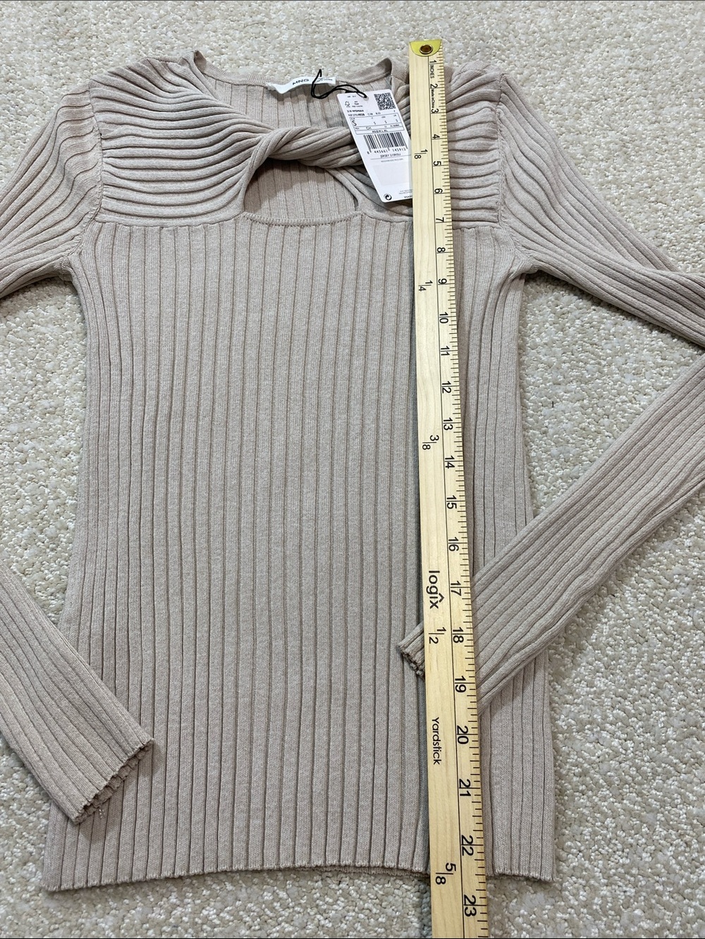 Mango Cream Ribbed Twist Keyhole Long Sleeve Top Size S Shell Viscose - Picture 9 of 11
